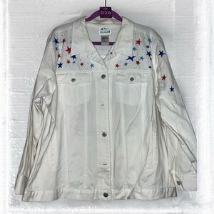 Quacker Factory Women’s Size 1X Patriotic Denim Jacket • White Angel Stars GUC